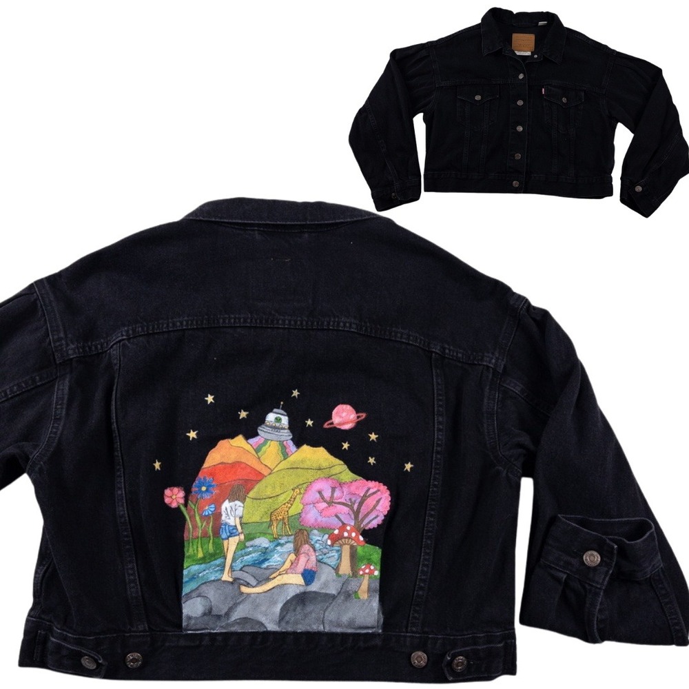Levis Denim Jacket Womens M Black Custom Painted Alien Mushroom Nature‎ Pride